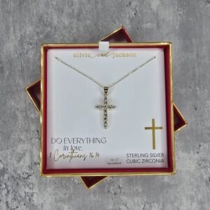 Sterling Silver CZ Cross Necklace Gold Tone Olivia & Jackson 16" + 2" Ext